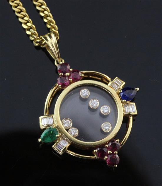 A modern 18ct gold and multi gem target pendant on a high carat curb link chain, pendant 1.5in inc. bale.